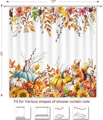 Fall Shower Curtain Harvest Pumpkin Squirrel Thanksgiving Shower Curtain Autumn Maple Leaves Sunflowers shower curtains for Bathroom Waterproof Machine Washable Home Farmhouse Decor Bath Curtains