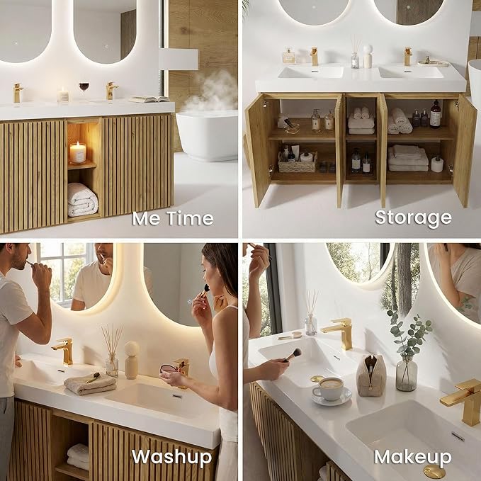 60" Double Bathroom Vanity with Sink Combo, Mid Century Modern Bathroom Cabinet with Doors & Shelves, Glossy White Integrated Sink with Overflow, Light Oak