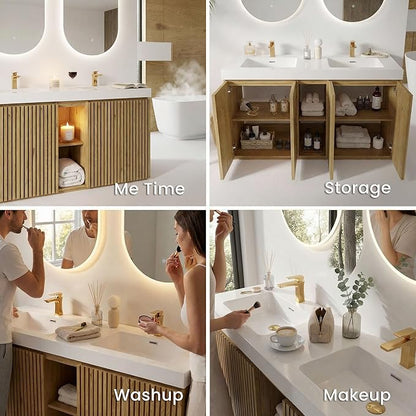 60" Double Bathroom Vanity with Sink Combo, Mid Century Modern Bathroom Cabinet with Doors & Shelves, Glossy White Integrated Sink with Overflow, Light Oak
