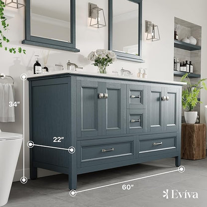 Eviva Britney 60 in. Ash Blue Double Sink Bath Vanity with Carrara Quartz Top and Undermount Porcelain Sinks