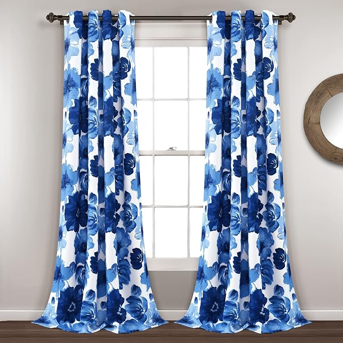 Lush Decor Leah Light Filtering Window Curtain Panels, Pair, 52" W x 95" L, Navy & White - Floral Drapes for Bedroom - Navy Curtains -Farmhouse Decor