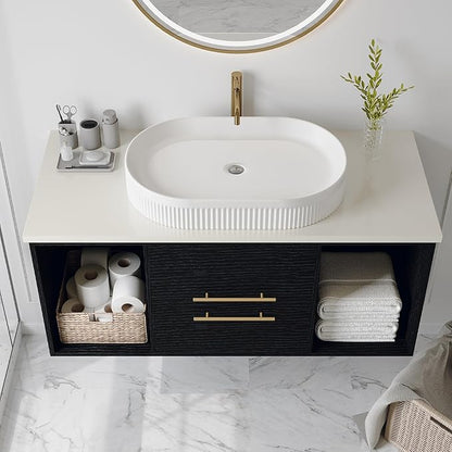 40" Bathroom Vanity with Sink Set, Modern Black Wall Mounted Bathroom Vanity Cabinet with Above Oval Ceramic Sink,Gold Handle 2 Drawers & 2 Open Storage, Single Sink Floating Bathroom Vanity