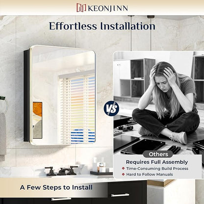Keonjinn 20 x 26 Inch Brushed Nickel Recessed Medicine Cabinets, Bathroom Mirrored Medicine Cabinet, Brushed Nickel Stainless Steel Framed, Adjustable Shelves, In Wall or Surface Mount, Sturdy, Modern