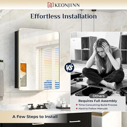 Keonjinn 24"x32" Brushed Nickel Medicine Cabinet with Mirror, Soft Closing | Stainless Steel Framed, Adjustable Shelves, Wall-Mount/Recessed, DTC Hinges, Silver Bathroom Mirror with Storage, Modern
