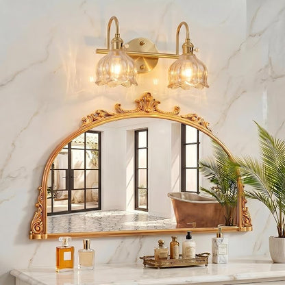 Bathroom Light Fixtures, 3-Light Brass Vanity Wall Light with Amber Tulip Glass Shades, Vintage Wall Sconce Over Mirror for Bathroom, Bedroom, Living Room (Bulbs Not Included) (Amber, 2-Light)