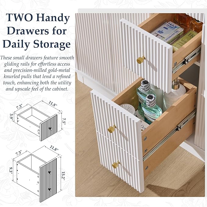 T4TREAM 48 Inch Bathroom Vanity with Sink, Modern Fluted Large Double Sink Bathroom Vanity with 2 Storage Cabinets, Adjustable Shelf, and 2 Drawers, Solid White