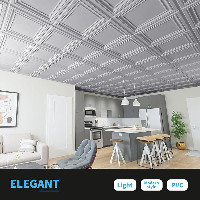 Art3d PVC Ceiling Tiles, 2'x2' Plastic Sheet in Argent Silver (12-Pack)