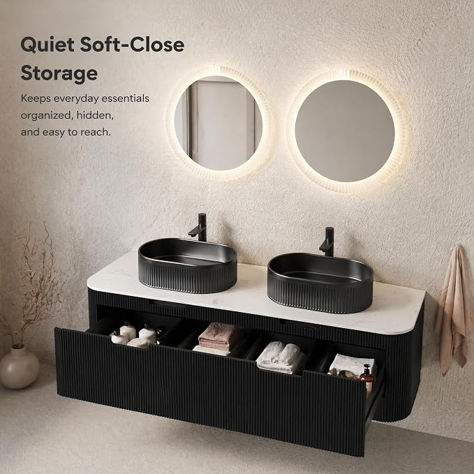 60 Inch Double Sink Bathroom Vanity, Floating Wall Mounted Cabinet, Black Curved Fluted Front, Stone Top, Dual Black Textured Oval Vessel Basins, Pre-Assembled