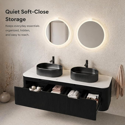 60 Inch Double Sink Bathroom Vanity, Floating Wall Mounted Cabinet, Black Curved Fluted Front, Stone Top, Dual Black Textured Oval Vessel Basins, Pre-Assembled