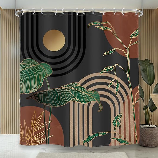 Glawry Dark Brown Mid Century Shower Curtain 60Wx72L Inches Boho Abstract Retro Tropical Palm Leaves Modern Bathroom Aesthetic Bath Accessories Art Home Decor Fabric with Hooks