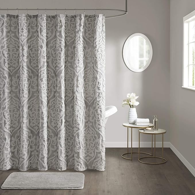 Madison Park Fabric Damask Medallion Shower Curtain, 72"x72", Silver | Luxe Textured Jacquard, Machine Washable Modern Home Bathroom Decor, Bathtub Privacy Screen