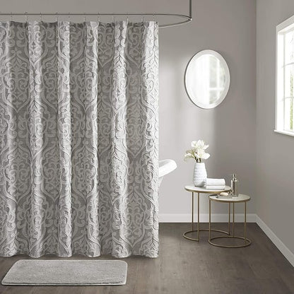 Madison Park Fabric Damask Medallion Shower Curtain, 72"x72", Silver | Luxe Textured Jacquard, Machine Washable Modern Home Bathroom Decor, Bathtub Privacy Screen