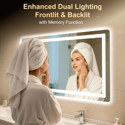 LED Bathroom Mirror, 40"x24" Bathroom Vanity Mirror with Lights | Smart Anti-Fog, Dimmable, 3 Color Modes, Backlit+Front Lit, Memory Function, HD Tempered Glass,Horizontal/Vertical,ETL Listed