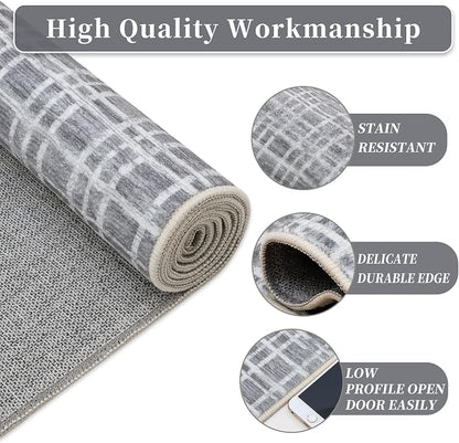 Washable Area Rug 9x12 Rug for Living Room Modern Geometric Large Area Rug for Bedroom Decor Plaid Grid Rug Non Slip Throw Rugs Low Pile Stain Resistant Carpet for Dining Room 9'x12' Grey