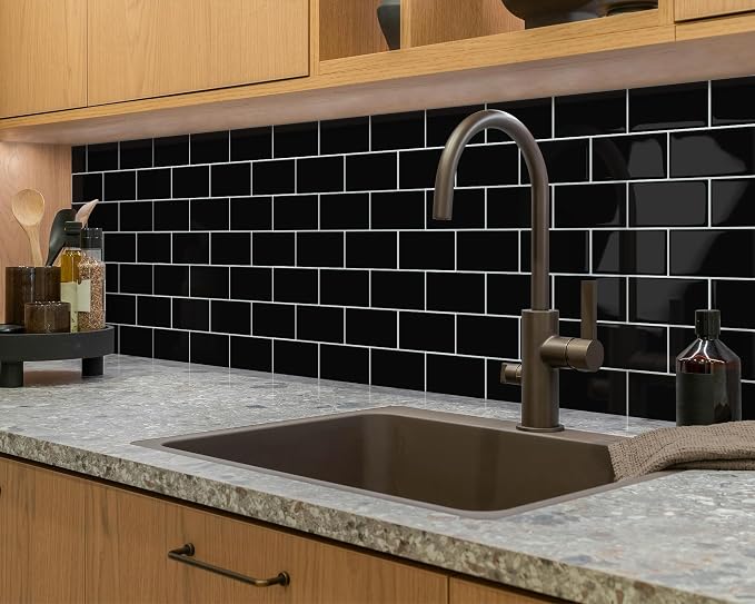 Black Peel and Stick Backsplash Subway Tile for Kitchen 10-Sheet | Thick,Self Adhesive,Wall,Sticky,Brick,for Bathroom,Laundry,Sink,12"×12"