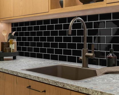 Black Peel and Stick Backsplash Subway Tile for Kitchen 10-Sheet | Thick,Self Adhesive,Wall,Sticky,Brick,for Bathroom,Laundry,Sink,12"×12"