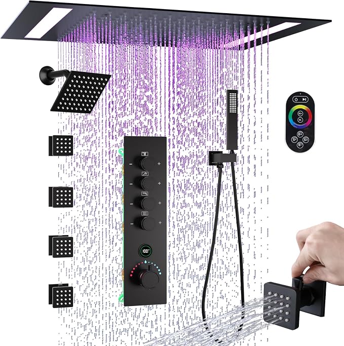 Luxury Thermostatic Digital Dual Heads Shower System Matte Black Full Bdoy Spray Shower Faucet Set with 20x14in LED Rainfall Showerhead and 6in Wall Shower, 4 Body Jets with Shut-off, Brass Handheld
