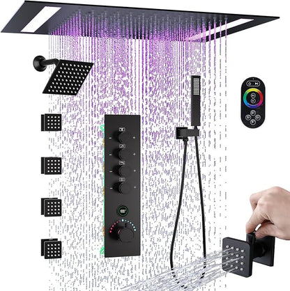 Luxury Thermostatic Digital Dual Heads Shower System Matte Black Full Bdoy Spray Shower Faucet Set with 20x14in LED Rainfall Showerhead and 6in Wall Shower, 4 Body Jets with Shut-off, Brass Handheld