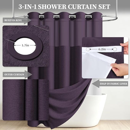 Purple Ringless Linen Textured Shower Curtain with Snap in Liner 72x75 | 3 in 1 Hotel Shower Curtain Set, Removable Liner, Waterproof & Washable, Mesh Top Window, Durable Fabric, Easy to Install