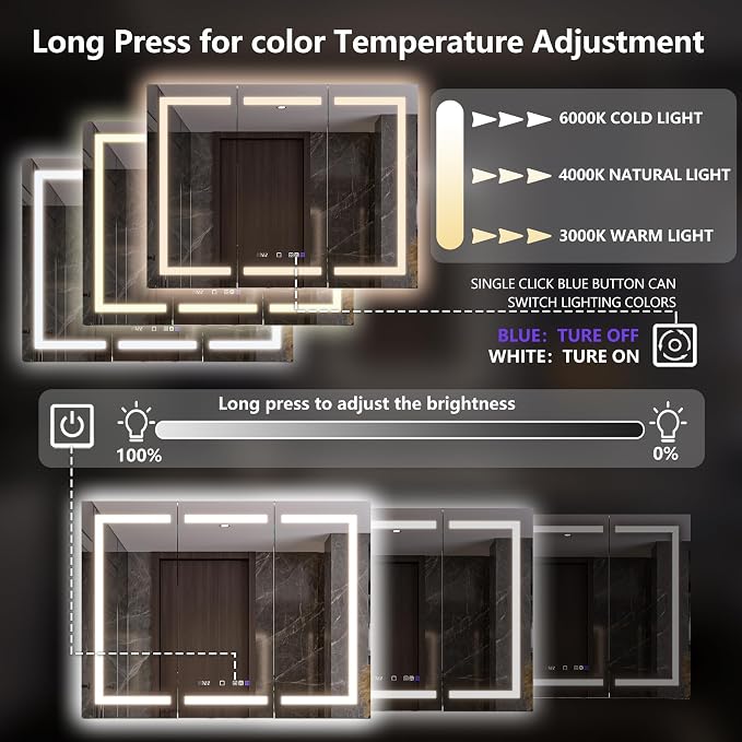 Smart LED Medicine Cabinet with Mirror, 48W×36H Inch Bathroom Storage Medicine Cabinet, 3 Color Stepless Dimming & Anti-Fog, 5X Magnifier, Night Light, 3 Doors, DTC Soft-Close Hinges