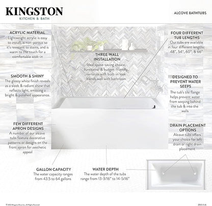 Kingston Brass Aqua Eden VTAP603622L 60-Inch Acrylic Alcove Tub with Left Hand Drain, White