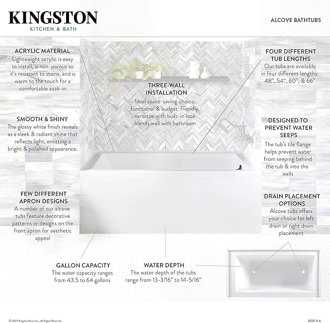 Kingston Brass Aqua Eden VTAP543022L 54-Inch Acrylic Alcove Tub with Left Hand Drain, White