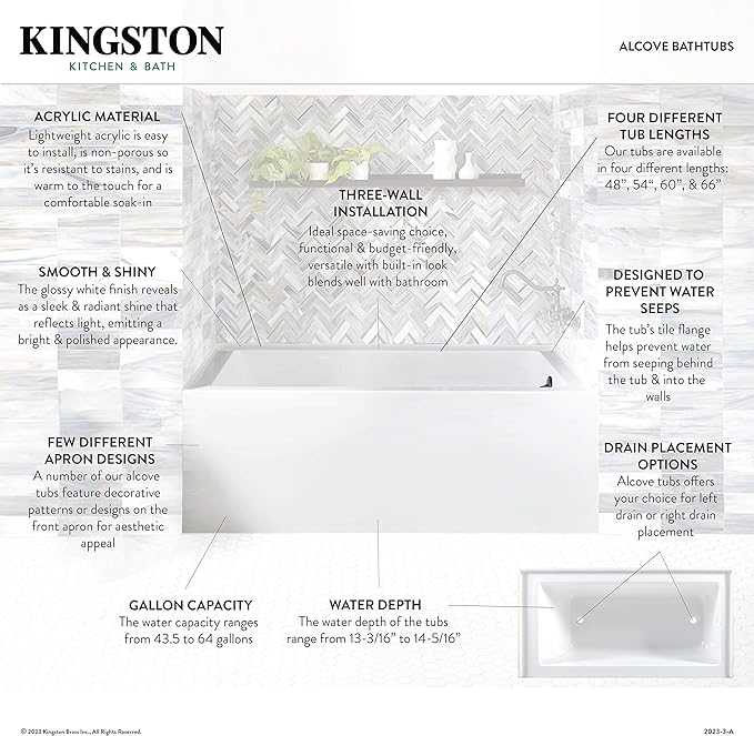 Kingston Brass Aqua Eden VTAP603622R 60-Inch Acrylic Alcove Tub with Right Hand Drain, White