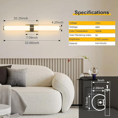 Kalium 33in Modern Wall Sconces, Dimmable Bathroom Vanity Lights, 3000K Warm White LED Indoor Sconces Lighting for Bathroom, Stairs, Living Room, Bedroom. Hardwired.