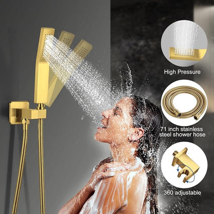 JOMEOO® 12 Inch Brushed Gold Shower System, Ceiling Mounted High Pressure Rain Shower Head with Handheld Sprayer, Bathroom Luxury Gold Shower Head Shower Faucet Set Rough in Valve Body and Trim