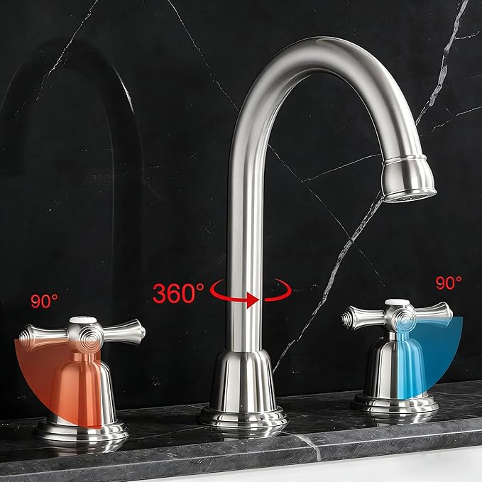 RKF Bathroom Faucets for Sink 3 Hole Brushed Nickel 8 inch Widespread Bathroom Sink Faucet with Drain 2 Handles Cross Knobs Faucet Bathroom Vanity Basin Mixer Tap CWF039-BN