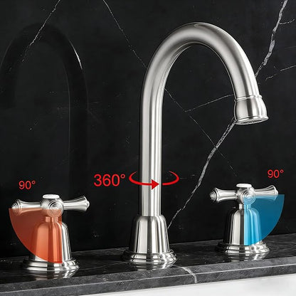 RKF Bathroom Faucets for Sink 3 Hole Brushed Nickel 8 inch Widespread Bathroom Sink Faucet with Drain 2 Handles Cross Knobs Faucet Bathroom Vanity Basin Mixer Tap CWF039-BN