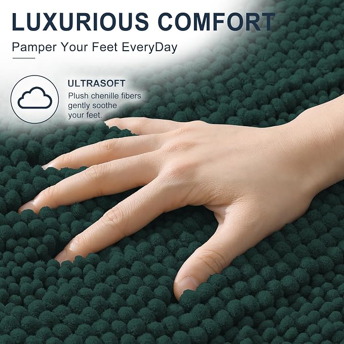 Smiry Thick Small Chenille Bathroom Rugs 24x16, Bath Mat, Blackish Green | Quick‑Dry & Machine Washable, Non‑Slip Bath Carpet, Soft Striped Bath Rugs for Tub & Shower, Modern Home Decor Accessories