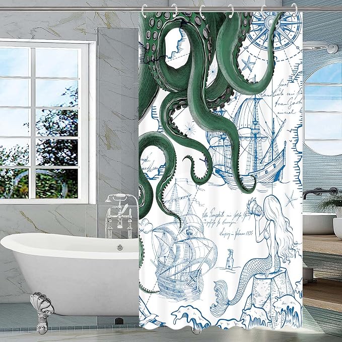 Fungarth Stall Green Nautical Octopus Shower Curtain Navy Blue Mermaid Funny Ocean Kraken Shower Curtains for Bathroom Cool Anchor Coastal Map Waterproof Fabric Bath Curtain Decor (Green, 36” x 72”)