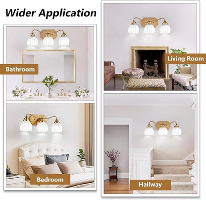 3 Light Gold Vintage Vanity Lights, Antique Brass Finish | Milk White Tulip Crystal Shades,Brushed Gold Bathroom Light Fixtures, Wall Sconce Ideal for Bedroom, Hallway, Easy to Install