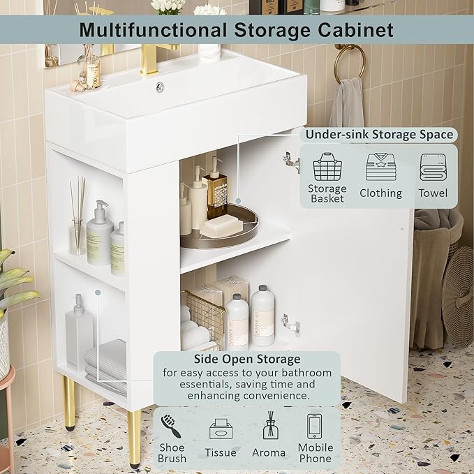 21.6 in Small Bathroom Vanity with Sink,Doors and Storage Shelves,Wood Modern Single Fluted Bathroom Sink Cabinet Freestanding (White,Left Shelf)