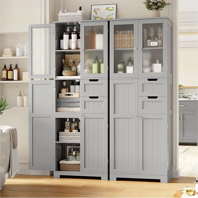 BOTLOG 67'' Tall Bathroom Storage Cabinet with Adjustable Shelf | Frosted Glass Doors, Wood Drawers, Kitchen Pantry Line Cabinet for Kitchen Bathroom, Living Room, Grey