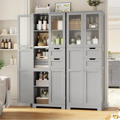 BOTLOG 67'' Tall Bathroom Storage Cabinet with Adjustable Shelf | Frosted Glass Doors, Wood Drawers, Kitchen Pantry Line Cabinet for Kitchen Bathroom, Living Room, Grey