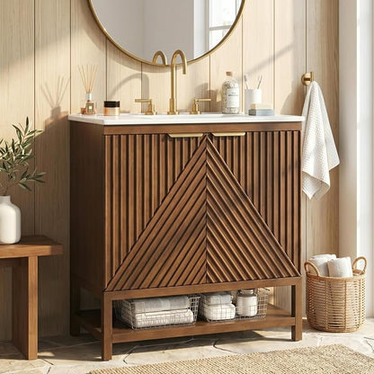 30 Inch Walnut Mid-Century Bathroom Vanity with Ceramic Basin Sink, Space Saving Bathroom Storage Cabinet with Sink & Dual Hidden Drawers & Open Bottom Shelf, Fluted Door Panel (Walnut Style2, 30")