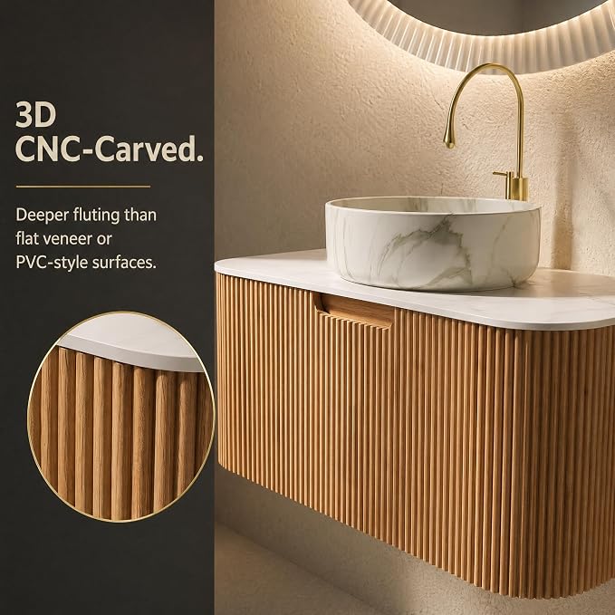 30 Inch Bathroom Vanity with Sink, Floating Wall Mounted Single Sink Vanity, Natural Woodgrain Curved Fluted Front, Stone Top, Marble-Look Round Vessel Basin, Pre-Assembled