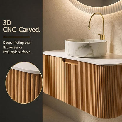 30 Inch Bathroom Vanity with Sink, Floating Wall Mounted Single Sink Vanity, Natural Woodgrain Curved Fluted Front, Stone Top, Marble-Look Round Vessel Basin, Pre-Assembled