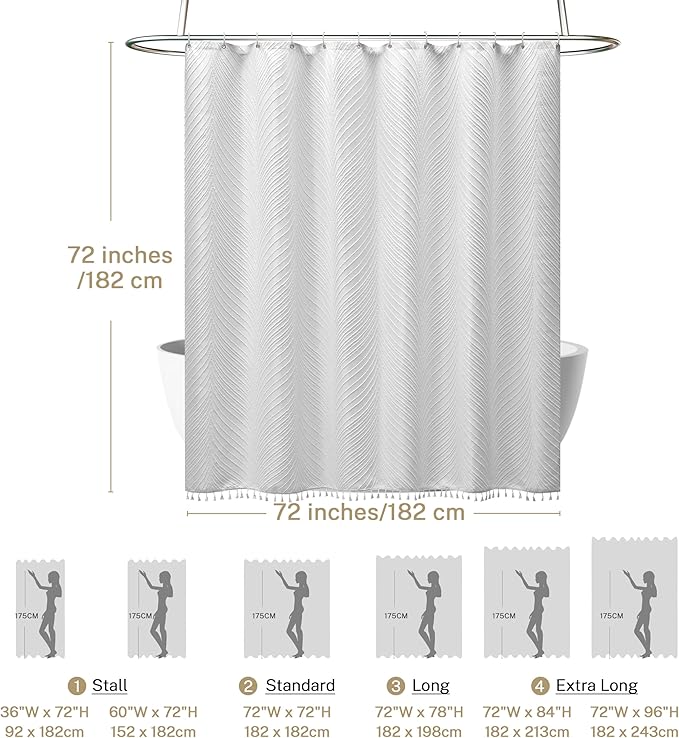 White Boho Shower Curtain Fabric - 72"x72" White Cloth Shower Curtain with 12 C-Hooks, Elegant Cute Textured Bathroom Shower Curtains Boho Chic