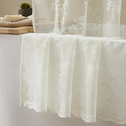 Ivory Lace Shower Curtain for Bathroom Romantic Floral Shower Curtain with Attached Valance Romantic Cream Luxury Lace, Vintage Shabby Chic Bath Curtains for Master Bath Apartment Women, 1 Panel 72x72