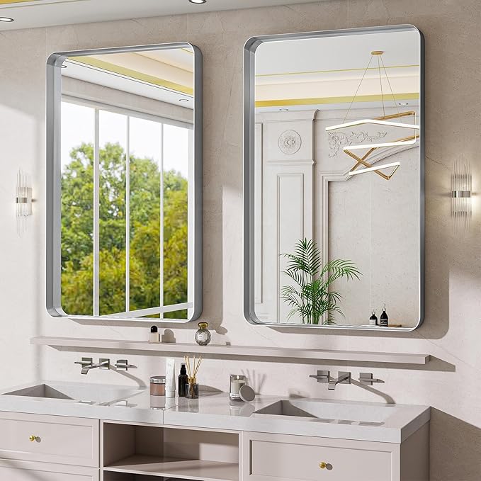 Bathroom Mirrors for Over Sink 30 x 48 Inch Rounded Rectangle Bathroom Vanity Mirror Bathroom Mirror for Wall Hangs Horizontally or Vertically for Living Room Bedroom Entryway Silver