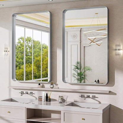 Bathroom Mirrors for Over Sink 30 x 48 Inch Rounded Rectangle Bathroom Vanity Mirror Bathroom Mirror for Wall Hangs Horizontally or Vertically for Living Room Bedroom Entryway Silver