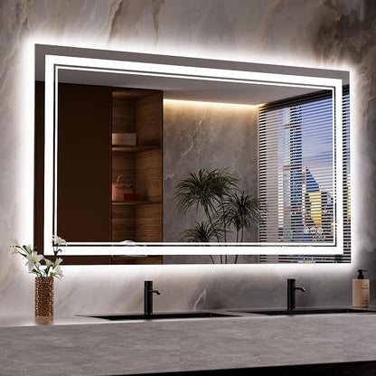 48x28 Inch LED Bathroom Mirror with Lights | Front and Backlit, 3 Colors, Dimmable, Memory, Anti Fog, Shatterproof, Horizontal/Vertical, Lighted Mirrors for Bathroom Wall