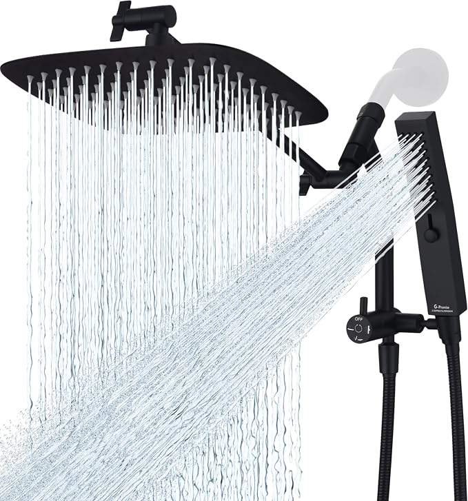 G-Promise 10 Inch All Metal Rain Shower Head with Handheld (Matte Black) | Suits Every Height, Pause Mode Diverter, Massage Mode Handheld, Full Body Coverage, Easy to Install, Modern Bath Upgrade