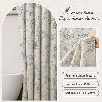 Farmhouse Floral Linen Shower Curtain, Vintage Blue Pattern Rustic Shower Curtains for Bathroom, Taupe,72x72