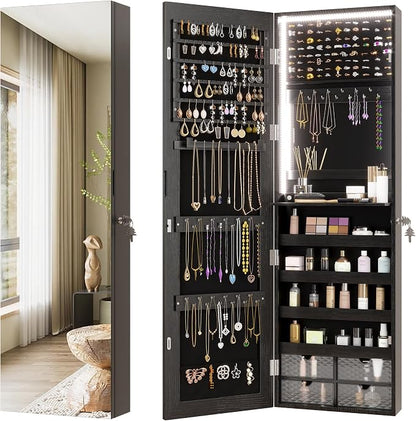 47.2" LED Jewelry Mirror Cabinet, Wall/Door Mounted Jewelry Armoire Organizer with Full Length Mirror, Large Storage Hanging Cabinet, 4 Drawers, 5 Shelves, Built-in Lighted Mirror (Black)