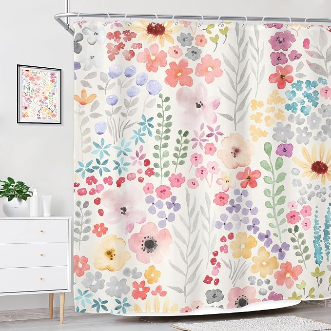Pink Floral Flower Cute Summer Kids Girls Bathroom Shower Curtain Set | 72"W x 72"H Girly Wildflower Spring; water-repellent HD print, quick-dry fabric with 12 hooks for easy hanging.
