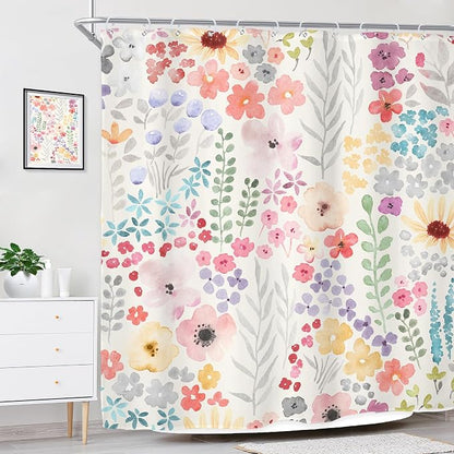 Pink Floral Flower Cute Summer Kids Girls Bathroom Shower Curtain Set | 72"W x 72"H Girly Wildflower Spring; water-repellent HD print, quick-dry fabric with 12 hooks for easy hanging.